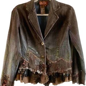 Spring Sale🌼 Chagall embroidered beaded lace vintage stretchy jean jacket boho